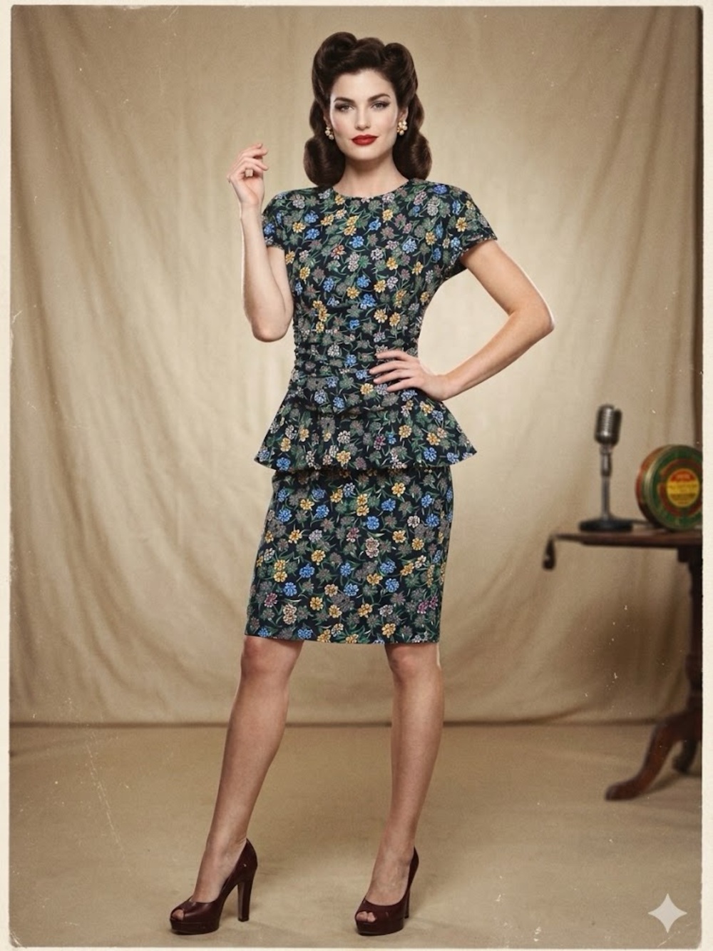 JSJ 1980s‎ Dress Peplum Shoulder Pads Floral Gathered Size 7/8 Feminine Office